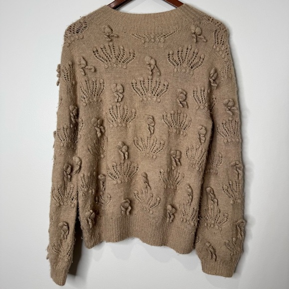 Alan Blizerian Tan 100% Cashmere Open Textured‎ Seashell Neck Sweater - Picture 13 of 16